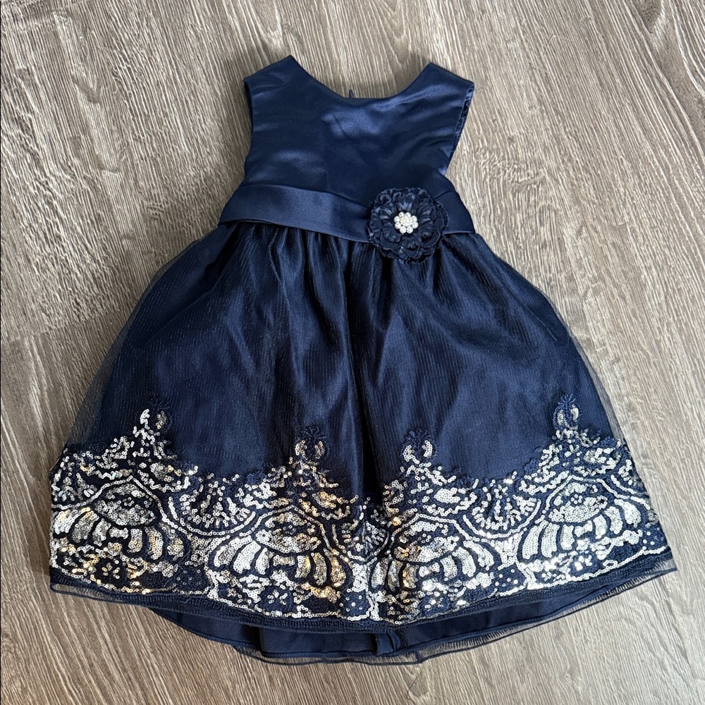 Charming Navy Blue Kids Dress with Floral Accents